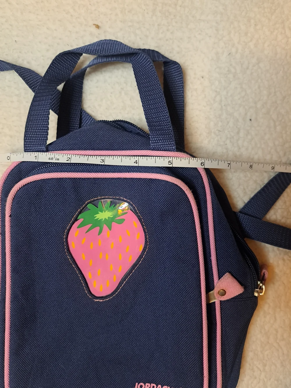 Vintage Jordache Kids Navy Mini Backpack with Pink Trim and Strawberry Patch
